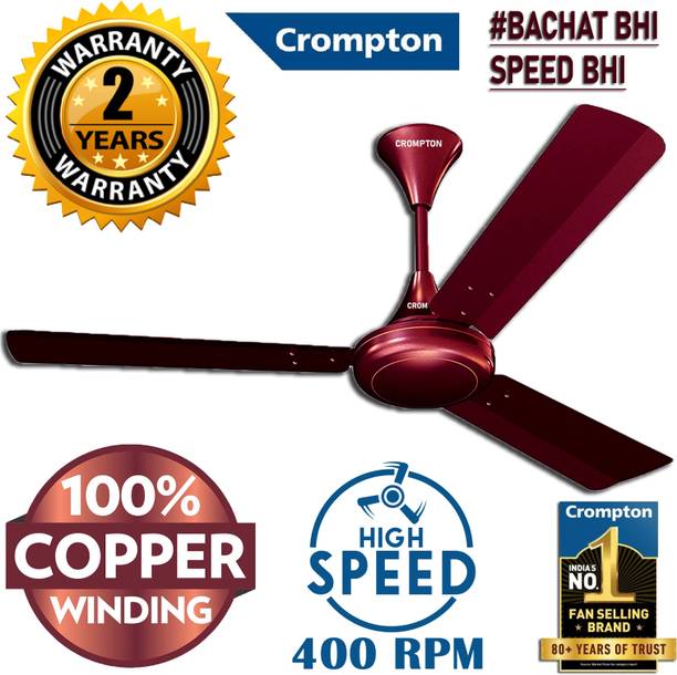 Crompton SUREBREEZE HIGH SPEED 400 RPM HS PLUS 51W 30% ENERGY SAVING 100% COPPER 469 1 Star 1200 mm 3 Blade Ceiling Fan (Energy Saving | LUSTRE Brown HIGH SPEED 400 rpm 100%…