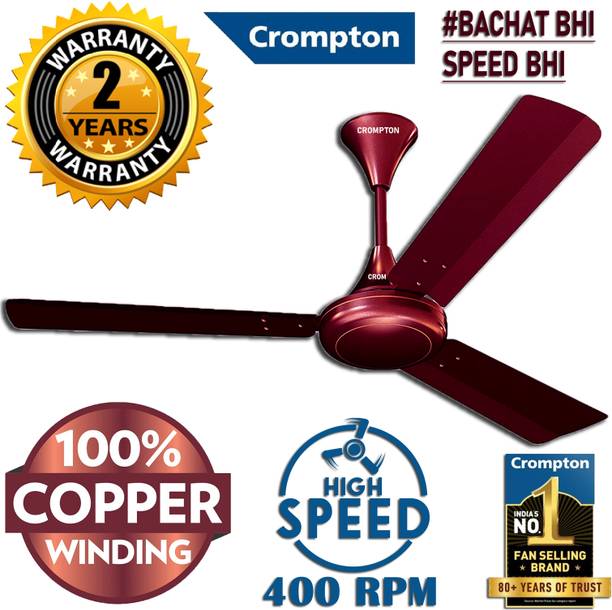 Crompton SUREBREEZE HIGH SPEED 400 RPM HS PLUS 51W 30% ENERGY SAVING 100% COPPER 442 1 Star 1200 mm 3 Blade Ceiling Fan (Energy Saving | LUSTRE Brown HIGH SPEED 400 rpm 100%…