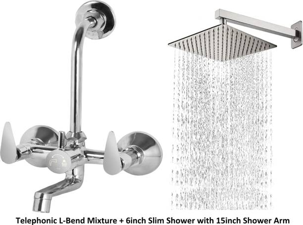 Senkiddpro by Senkiddpro HEAVY 6" Bathroom Shower[SHOWER COMPLETE SET]Brass Telephonic Wall Mixer(3-in-1) 6"x"6 Heavy SS Ultra Slim Shower Head with 15inch Square Arm Hot and Cold Fusion Wall Mixer Faucet