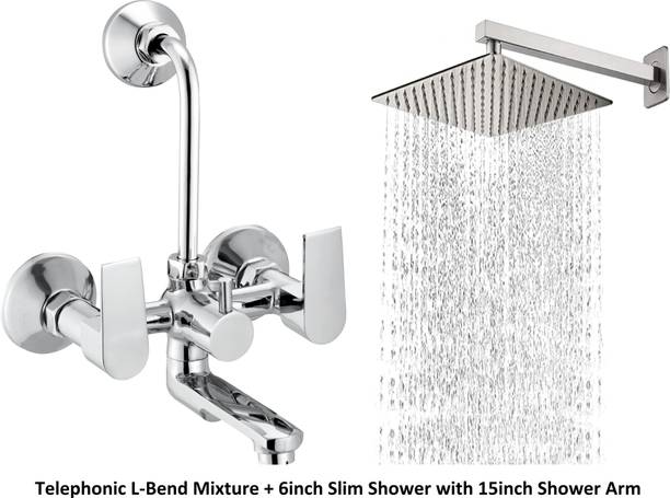 Senkiddpro by Senkiddpro Brass Telephonic WALL MIXER(3-IN-1)HEAVY 6" Bathroom Shower[SHOWER COMPLETE SET] 6"x"6 Heavy SS Ultra Slim Rain Shower Head with 15inch Square Arm Hot and Cold Mixer Faucet