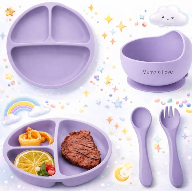 Muma's Love Premium Silicone Suction Feeding Set - Plate, Spoon & Fork Anti Slip & BPA Free  - Silicone
