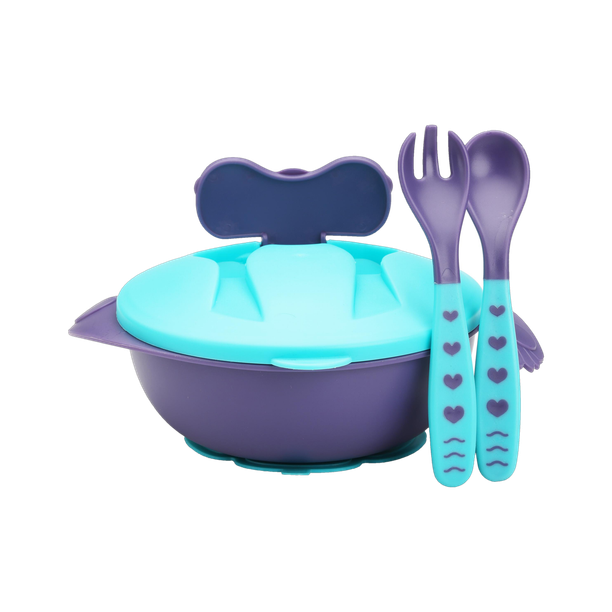 LuvLap Baby Feeding Bowl with Lid, Suction Cup, Spoon & Fork Set,  - Plastic + Silicone