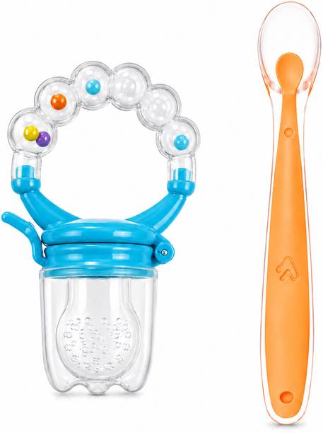 Tiny Bites Baby Fruit Food Feeder Nibbler Pacifier with Silicone Baby Spoon | Rattle Handle  - Food Grade Silicone