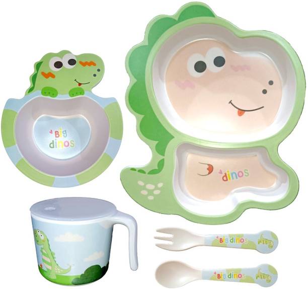 Deepashri Baby Feeding Dinosaur Theme Dinner Set for Kids (Plate, Bowl, Cup, Spoon & Fork)  - 100% Safe Bamboo Fiber