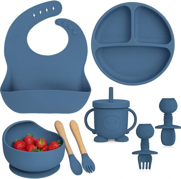 Mooues BPA Free Silicone Baby Feeding Set with Suction Plate, Bowl, Bib & Sippy Cup  - Silicone