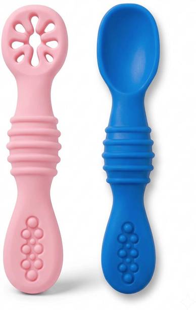 Little Kachhua Baby Feeding Spoon Set of 2 | Pink Flower Teether Spoon & Blue Spoon  - BPA Free Food Grade Silicon