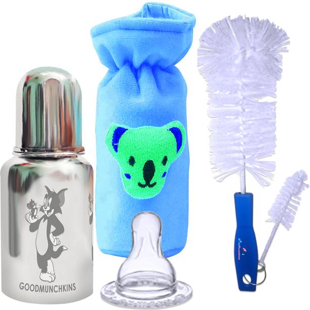 Goodmunchkins Stainless Steel Feeding Bottle/Cleaning Brush/Velvet Bag/Silicone Niple(4Items)  - 304 Grade Stainless Steel, Silicone Niple, Nylon Bristle Brush