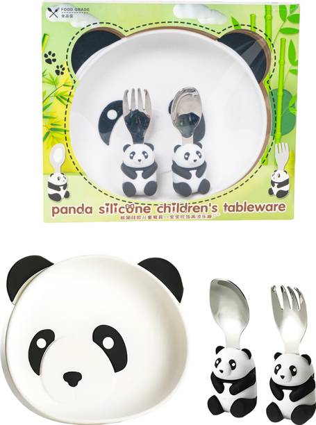 MINI SOUL BPA Free Panda Shape Tableware Dinner Set Silicone Suction Plate, Fork and Spoon  - Silicone