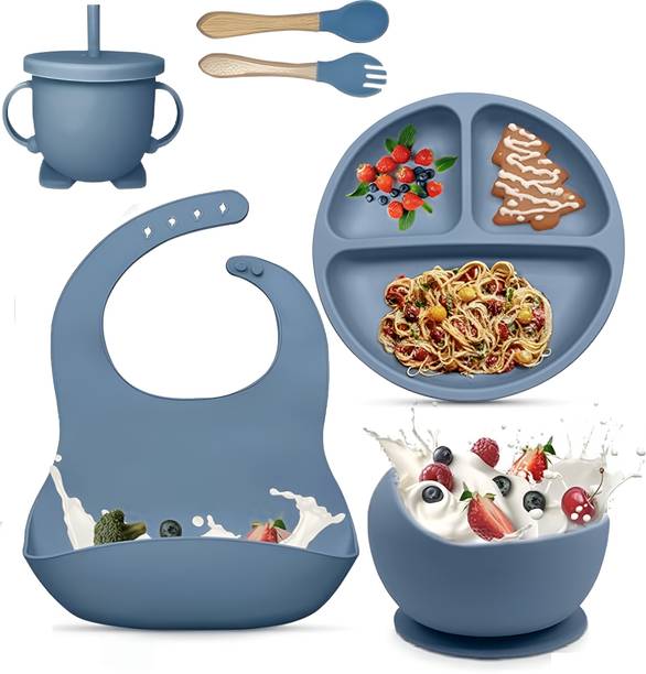 NIVKEZ Kids Silicone Baby Feeding Set 6Pcs with Suction Plate,Bowl,Cup,Bib,Fork & Spoon  - 100% Food-Grade Silicone