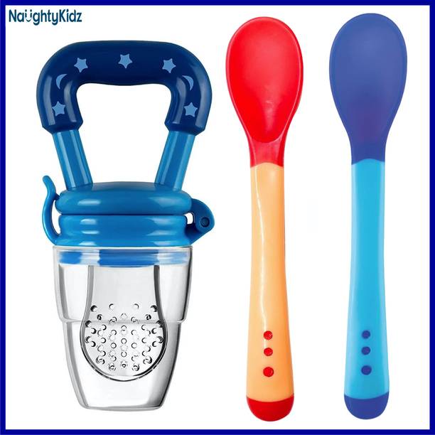 naughty kidz Combo of 2 Heat Sensitive Baby Feeding Spoon & 1 Baby Fresh Fruit Food Nibbler  - Silicone