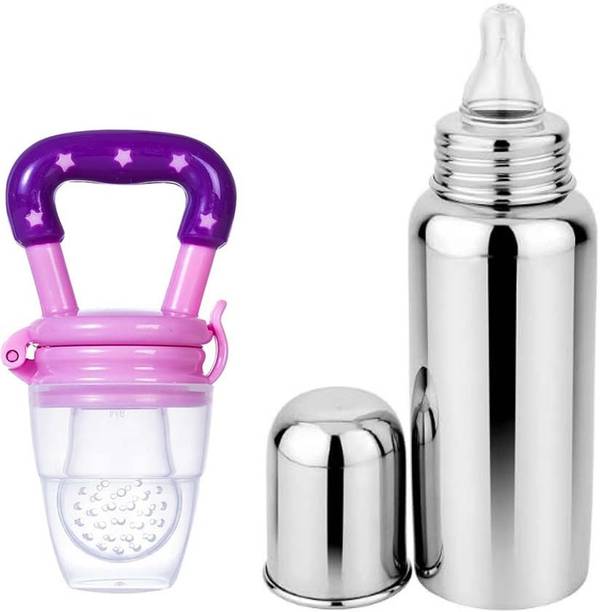 KIDSWAY Baby Silicone Fruit Nibbler,Pacifier With 150ml Stainless Steel Feeding Bottle  - Stainless Steel Bottle, Soft Silicone Nipple, BPA Free