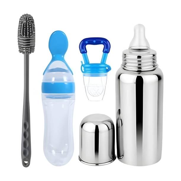 Nonababy Baby Feeding Pack of 4 – Milk Bottle, Spoon Bottle, Nibbler & Cleaning Brush - Stainless steel