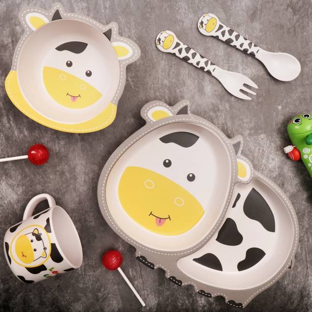The Bamboo Co Chubby Cow Bamboo Kids/Baby Feeding/Dinner Set of 5  - Bamboo Fiber & Corn Starch