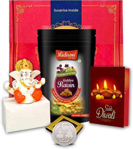 Midiron Perfect Diwali Gift Set – Raisins, Coin, Ganesh Statue & Card for Relative Assorted Gift Box