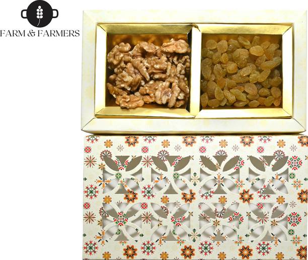 Farm & Farmers Gift hamper set/ Walnuts 50 grams +Raisins 100 grams Dry fruits Premium Quality Jute Gift Box