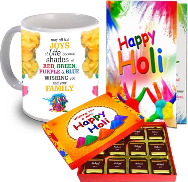 Midiron Chocolate Gift Hamper|Happy Holi Mug|Holi Greeting Card Gift Ceramic Gift Box