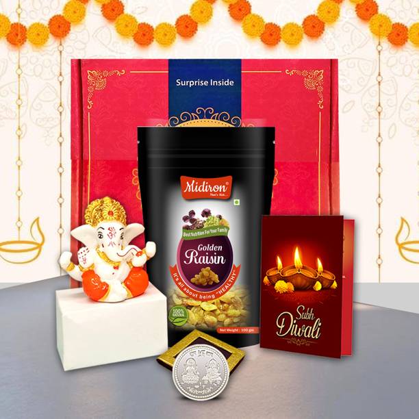 Midiron Perfect Diwali Gift Set – Raisins, Coin, Ganesh Statue & Card for Loved Ones Assorted Gift Box