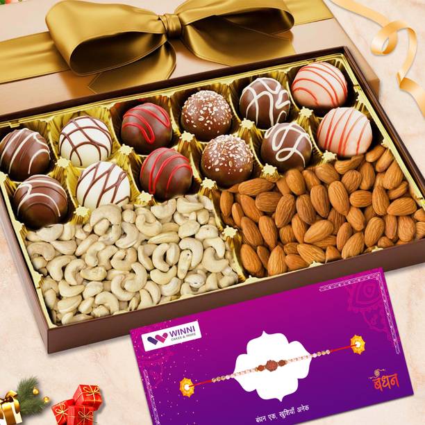 WINNI CELEBRATE RELATIONS Luxury 12 Pcs Truffles Chocolates With Dry Fruits + Rakhi Combo Gift Pack Hamper Assorted Gift Box