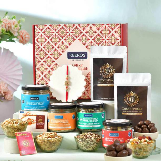 Keeros Healthy Rakhi Gift Hamper for Brother with Tikka Pack in Beautiful Hamper Box| Glass Gift Box