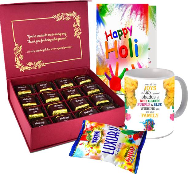 Midiron Chocolate Gift Hamper|Happy Holi Mug|Holi Gulal Natural Colour Ceramic Gift Box