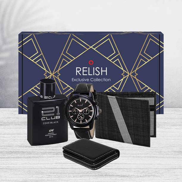 RELish Black Watch, Perfume, Wallet and Cardholder Combo for Men Diwali Gift for Boys Silicone Gift Box