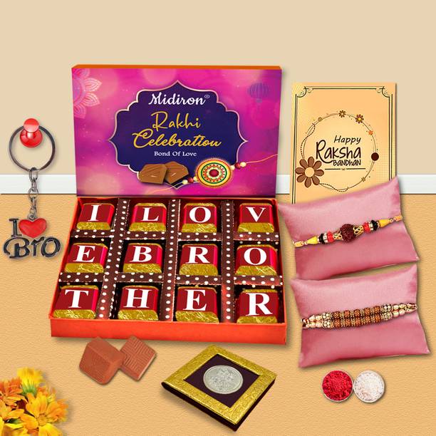 Midiron Sweet and Traditional Rakhi Gift for Brother with 2 Rakhi, Chocolates, Keychain Assorted Gift Box