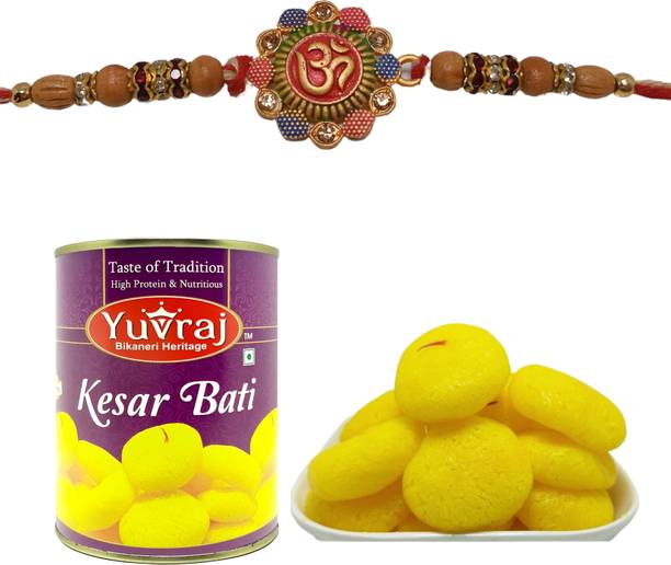 Yuvraj Food Product Sweets & Rakhi for bhaiya | brother Desinger Rakhi Gift & kesar Bati 1 kg Tin Nylon Gift Box