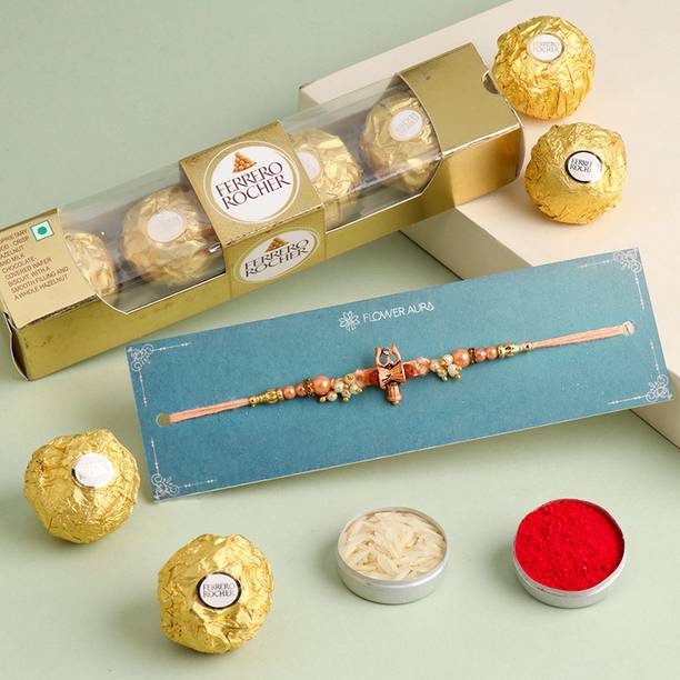 Floweraura Tradational Trishul Damru Rakhi With Roli, Chawal & Pack Of 4 Ferrero Rocher Assorted Gift Box