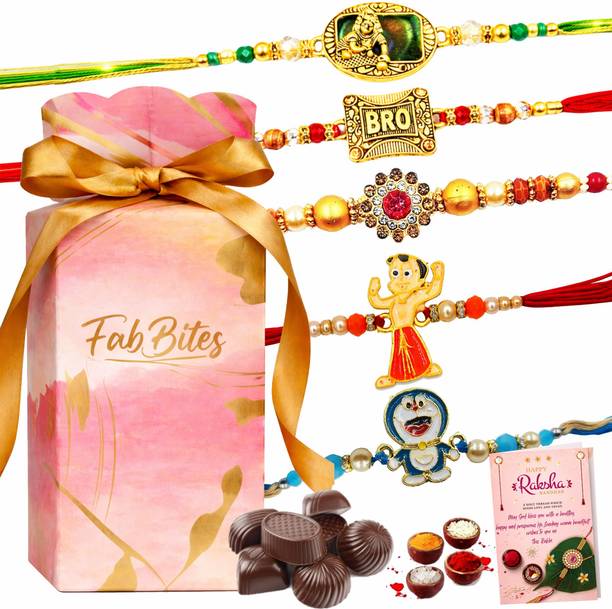 FabBites Family Rakhi Set with 12 Chocolate Gift Box for Brother Bhabhi Kids Paper Gift Box