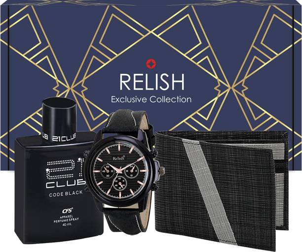 RELish Boys Gift Combo Black Watch,Perfume, Wallet | Gift Pack for Every Occasions. Paper Gift Box