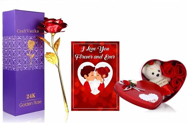 CraftVatika Valentine Teddy Bear with Roses, Artificial Red Rose & Greeting Card for lover Plastic Gift Box