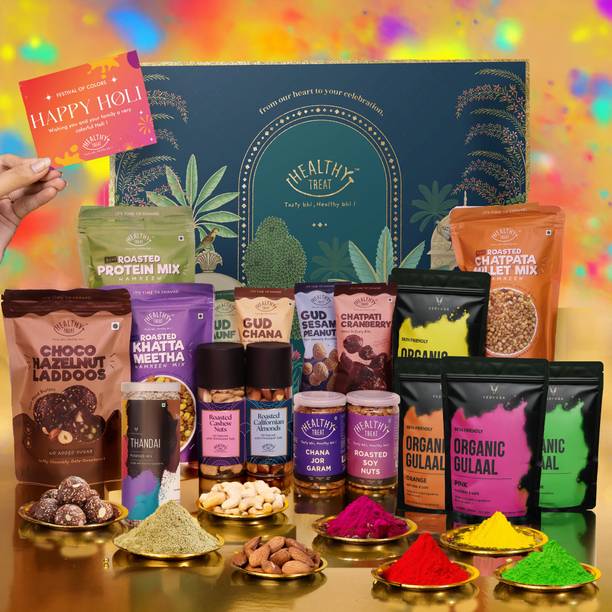 Healthy Treat Festive Luxe Holi Gift Hamper | Snacks, Hazelnut Laddoo, Thandai & Herbal Gulal Assorted Gift Box
