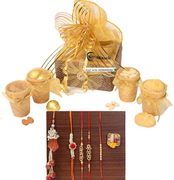 NUTRI MIRACLE Rakhi Gift Hamper Deluxe Combo with Dry Fruits and Chocolates Jute Gift Box