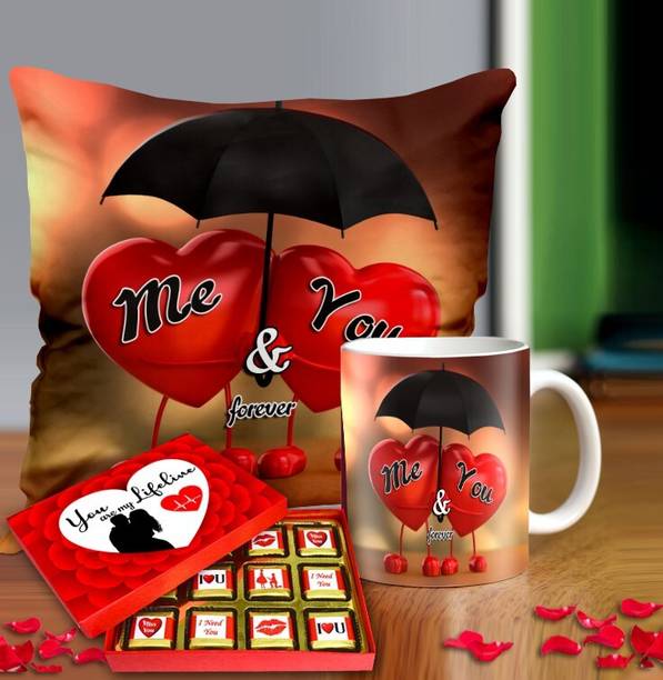 Midiron Romantic Valentine’s Combo: Chocolate Box, Coffee Mug & Cozy Cushion Gift Set Ceramic, Microfibre Gift Box