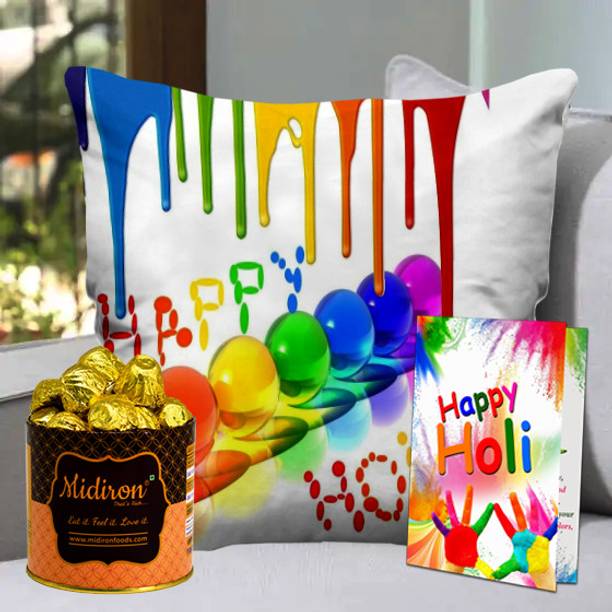 Midiron Holi Gift Set | Holi Hamper |Holi Printed Cushion | Holi Greeting Card Fiber Gift Box
