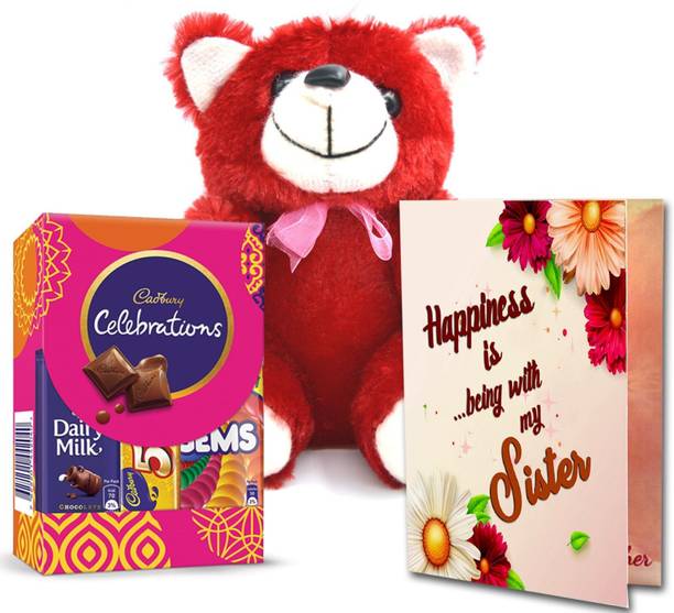 Midiron Gift for Sister, Card with Chocolate and Teddy Gift for Sister on Rakhi, Microfibre Gift Box