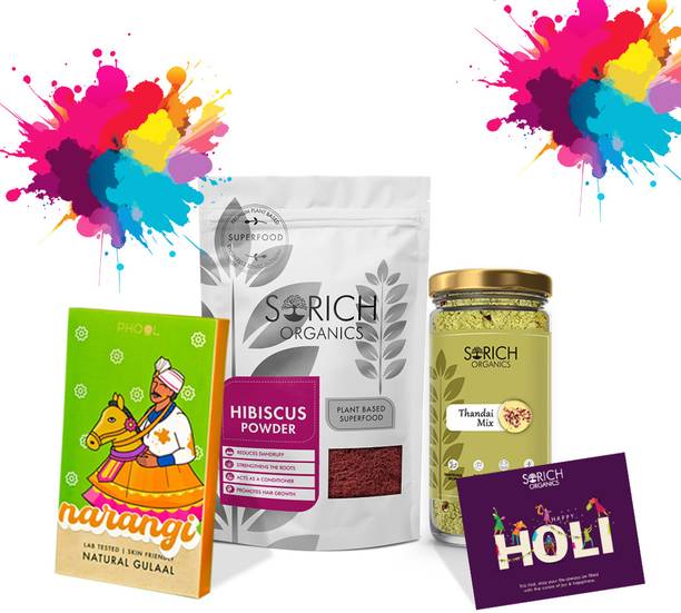 Sorich Organics Thandai Mix 125g, Hibiscus Powder 50g, phool Gulal 100g, Holi Gift Pack Crystal Gift Box