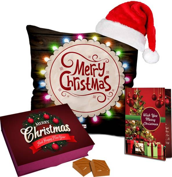 Midiron Christmas Printed Cushion with Greeting Card, chocolate & Cap Fiber Gift Box