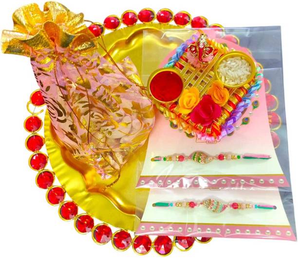 Koogly Red Stone Thali With Chawal Roli Pack,2 Rakhi and 50g Kaju Assorted Gift Box