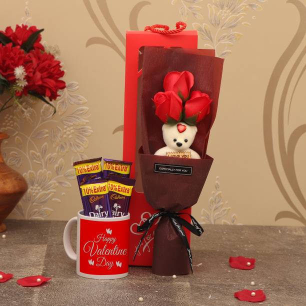 TIED RIBBONS Valentines Day Gift for Girlfriend Wife Girls Her - Romantic Gift Pack ( Bouquet of Red Scented Rose Flowers , Coffee Mug and Dairy Milk Chocolates ) Assorted Gift Box