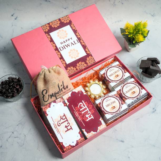 Expelite Diwali Gift Hamper with Almonds, Mixfruit, Cranberry, Diya, two Bar and Potli Assorted Gift Box