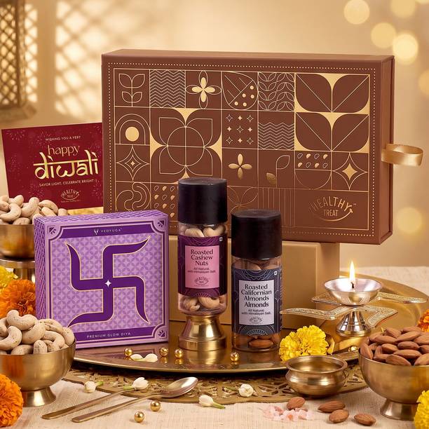 Healthy Treat Mangal Diwali Gift Hamper | Roasted Cashews, Almonds with Diya & Greeting Card Assorted Gift Box