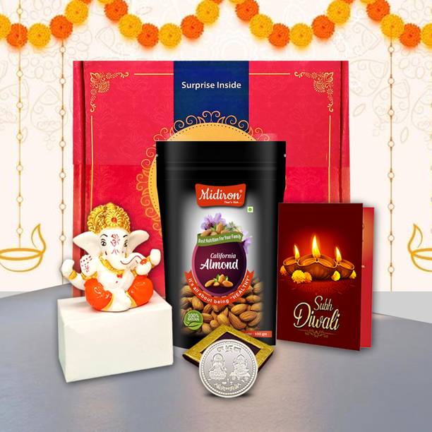 Midiron Diwali Gift Collection – Almond, Ganesh,Silver Coin & Festive Greeting Card Assorted Gift Box