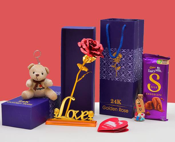 PRIDE STORE Red Rose, Blue Box,Love Stand,60 Gram Dairy Milk,Teddy,Message Pills,Love Card Assorted Gift Box