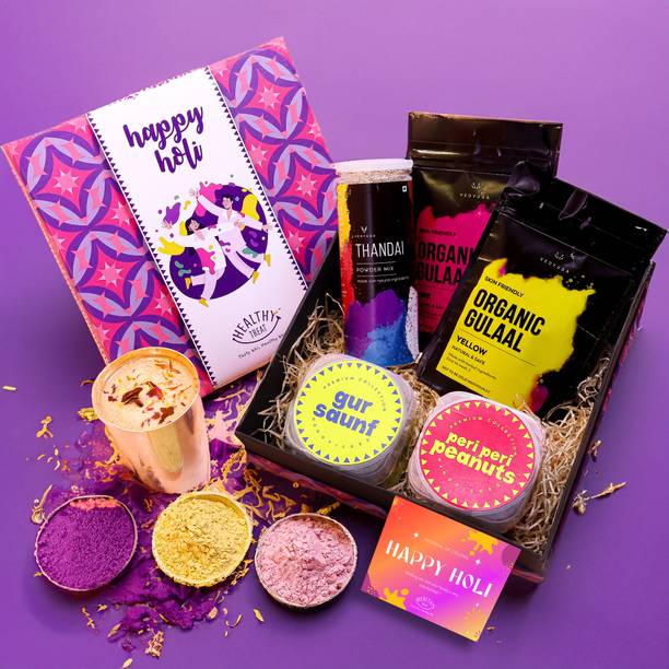 Healthy Treat Desi Bite Holi Gift Hamper | Healthy Snacks, Thandai, Herbal Gulal & Holi Card Assorted Gift Box
