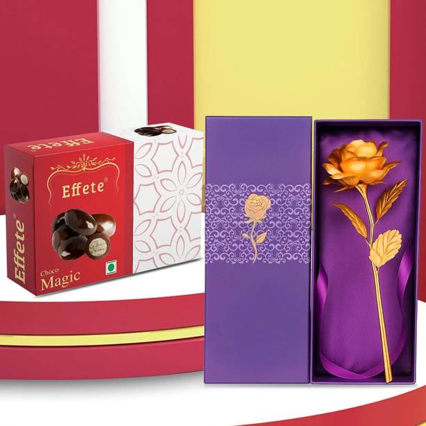 Effete Golden & Red Artificial Rose with Chocolate Choco Magic (32g) Brass Gift Box