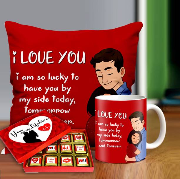 Midiron Ceramic Coffee Mug with Chocolate Gift and Love Cushion For Valentine's Day 3 Ceramic, Paper, Fiber Gift Box