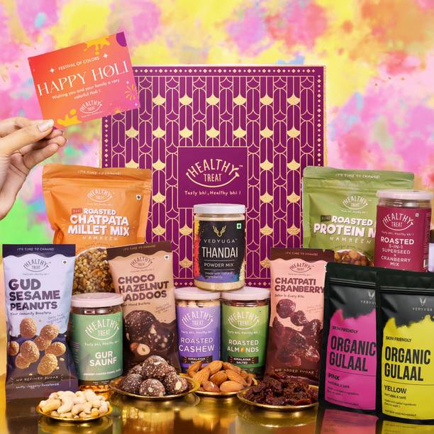 Healthy Treat Magic Holi Gift Hamper | Roasted Snacks, Hazelnut Laddoo, Thandai, Herbal Gulal Assorted Gift Box