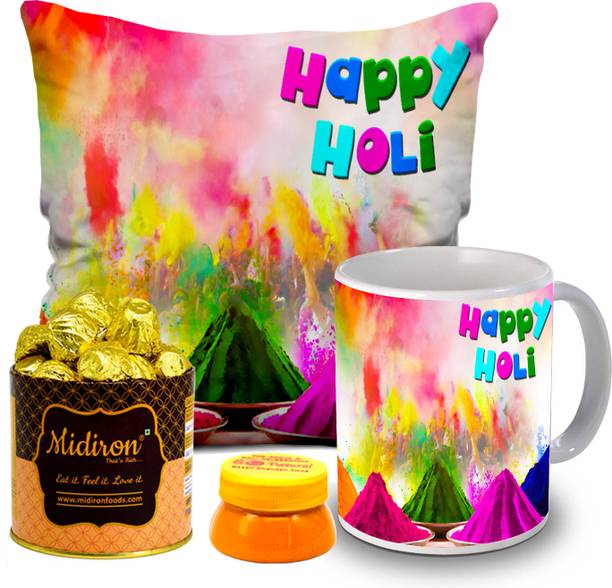 Midiron Holi Gift Hamper with Handmade Chocolate Box, Coffee Mug, Gulal Tilak Fiber Gift Box