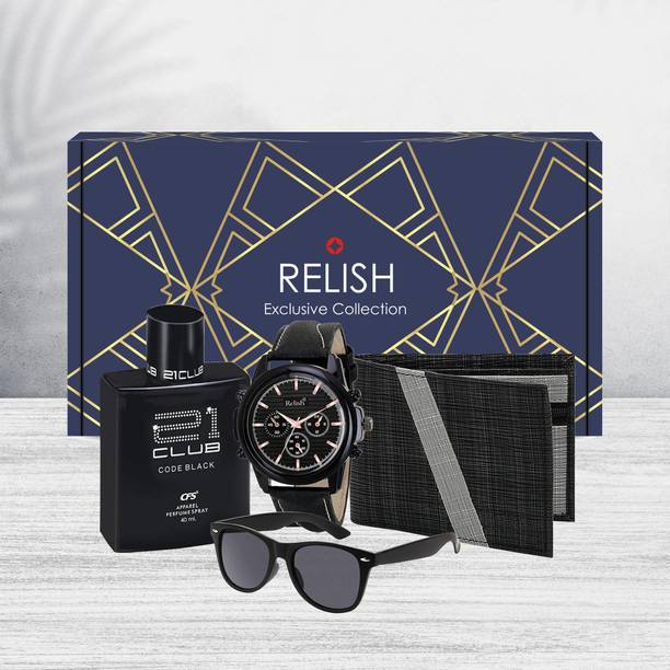 Relish Black Watch, Perfume, Wallet and Sunglass Combo for Men Diwali Gift for Friend. Paper Gift Box